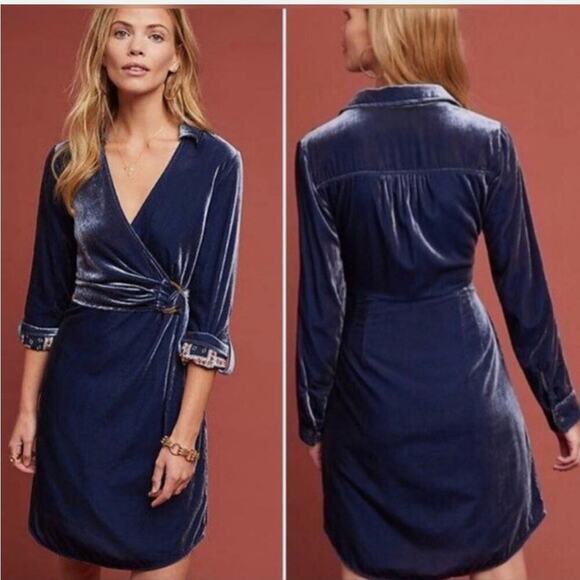 Maeve Dresses & Skirts - Maeve Blue Velvet Belted Wrap Shirt Dress